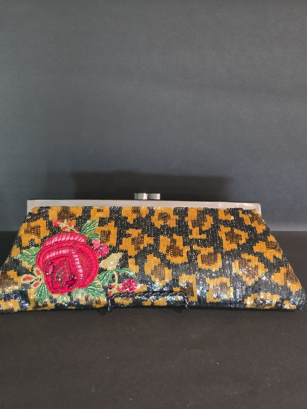Embroidered Rose Beaded Leopard-Print Clutch in Gold & Black